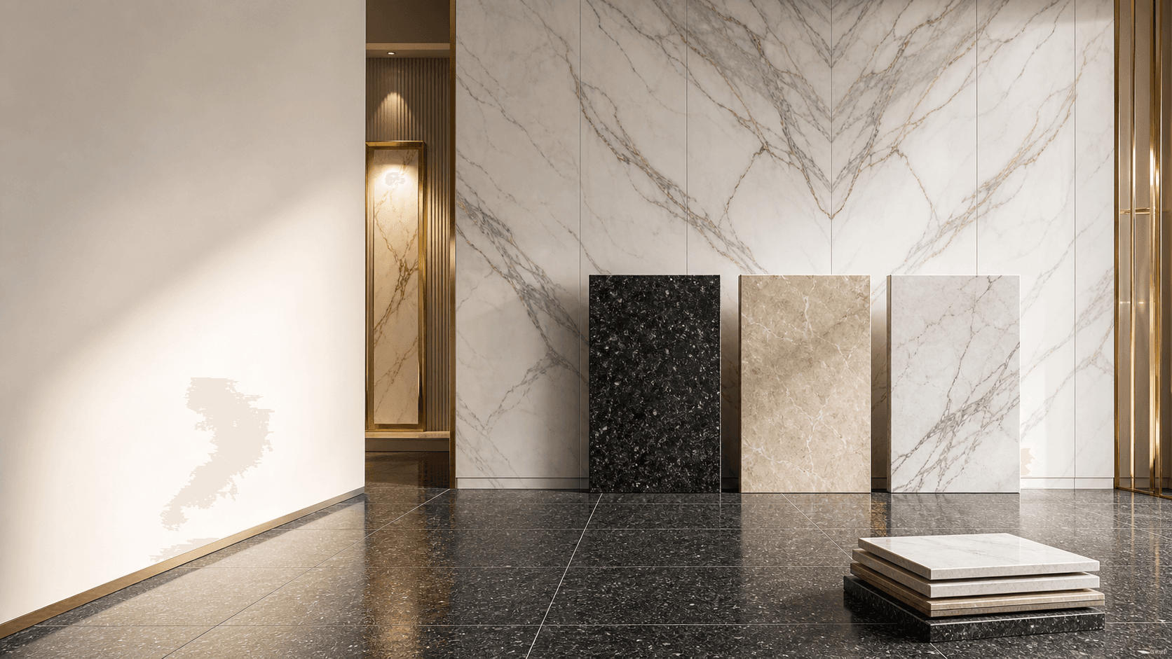 Premium marble wall slabs, granite floor tiles and natural stone samples displayed in a luxury gallery